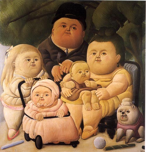 This painting is known as 'La Familia' and was borrowed from the collected works of Fernando Botero, a Colombian artist famed for his sureal impressionism of the human figure better known as 'The Chubby People'.