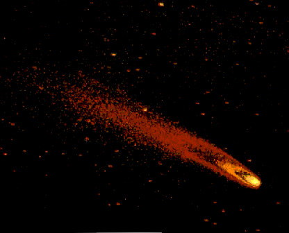 Bennett's Comet
In 1970, the South African amateur astronomer J. Bennett observed this brilliant comet with a long gaseous tail. A computer technique called isophote mapping enhanced the image with false colors by assigning different colors to the various gray tones in the original black and white photo. 
