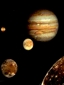 Jupiter is the largest of the planets, with a volume 1400 times greater than that of 
the earth. Jupiter's colorful bands are caused by strong atmospheric currents and 
accentuated by a dense cloud cover. The massive planet, upper right, is shown here 
with the four largest of its sixteen satellites: Europa, center, nearest Jupiter, 
Io upper left, Callisto lower left, and Ganymede lower right.  
