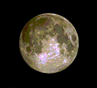 Landmarks of the Moon
This view of the full moon shows its dark seas, or maria, and the two bright-rayed craters Tycho (near bottom) and Copernicus (directly north of Tycho). The main seas are the Oceanus Procellarum (far left), Mare Imbrium (top center), Mare Crisium (far right), Mare Tranquillitatis (directly left of Crisium) Mare Serenitatis (above Tranquillitatis), and Mare Fecundatis (beneath and right of Tranquillitatis). 
