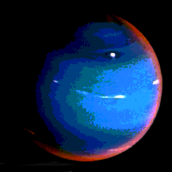 The 1989 Voyager 2 mission produced this false-color image of Neptune showing the 
different components of Neptune's atmosphere. The red layer shows scattered sunlight 
from a haze around the planet, the blue/green indicates methane, and the white areas 
are high-level clouds that reflect sunlight above the atmosphere.  
