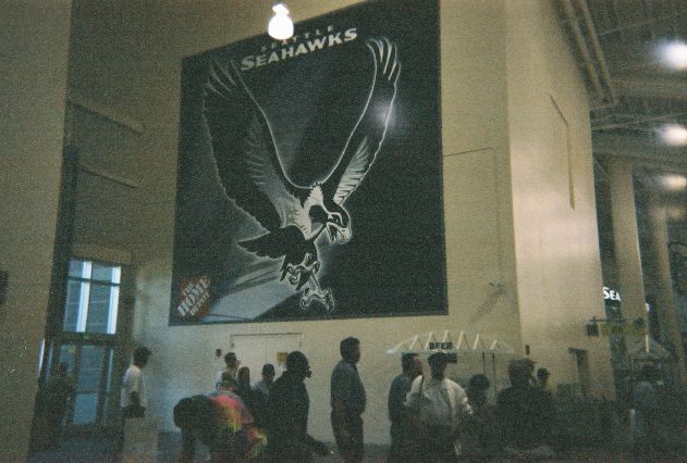 A swooping Hawk poster at the enterance of the stadium