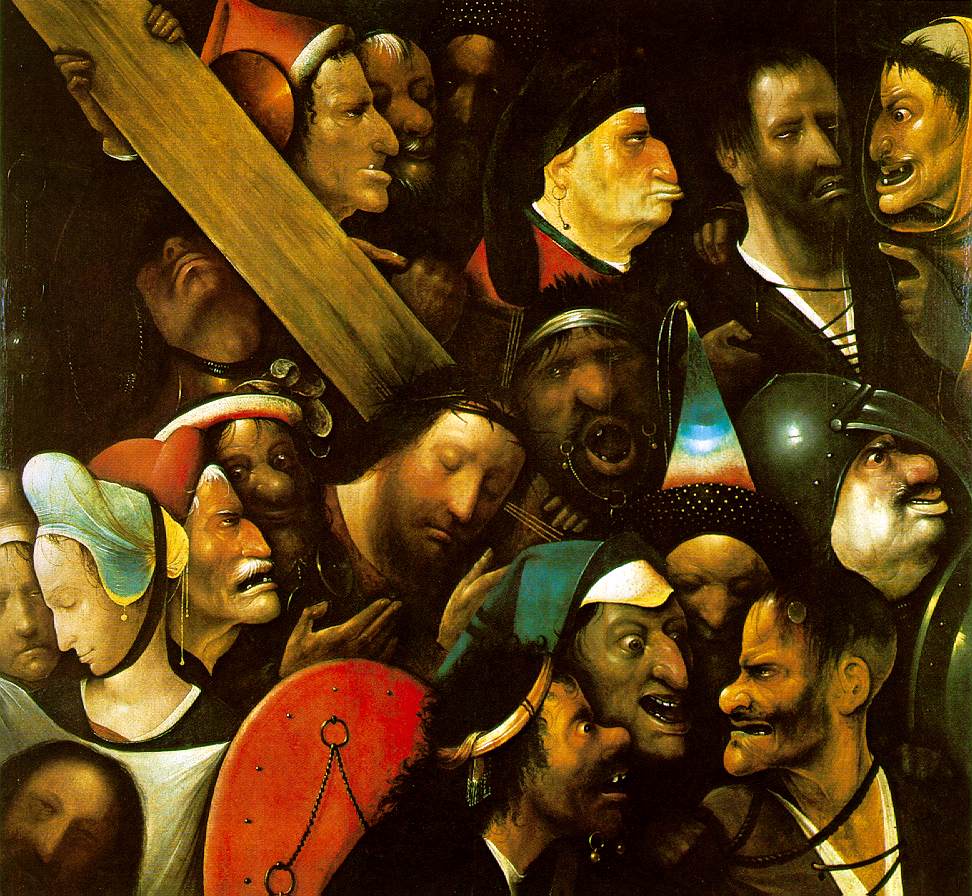 Bosch shows Jesus and His cross in the midst of a crowd of diabolical twisted faces..