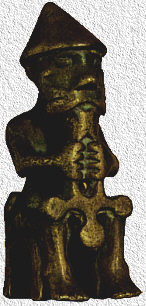 This small resproduction probably shows Thor, sitting with his hammer Mjolnir in his knee. It might also be a man with a cross, the very first crosses made looked like a mix between hammers and crosses - like upsidedown crosses!